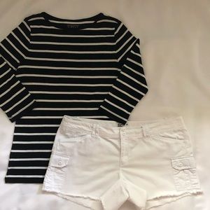 AEO White Destroyed Shorts 12 Striped Black Top L